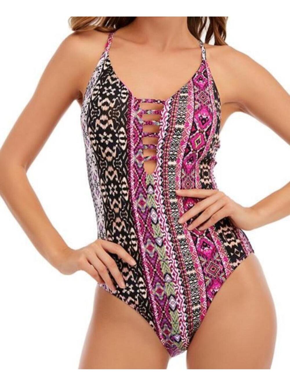 1093 Lucky Brand swimwear boho chic One-Piece plunge swimwear MULTI PINK sz M